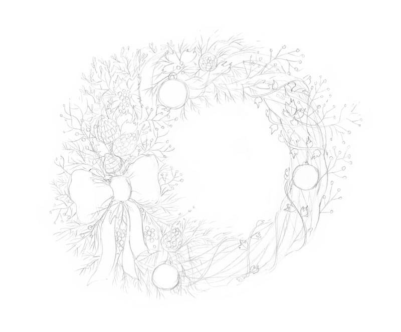 Completed pencil sketch of a Christmas wreath