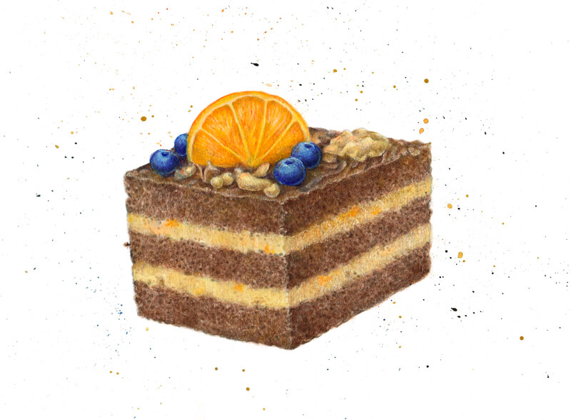Layering colored pencils to the tangerine on top of the cake