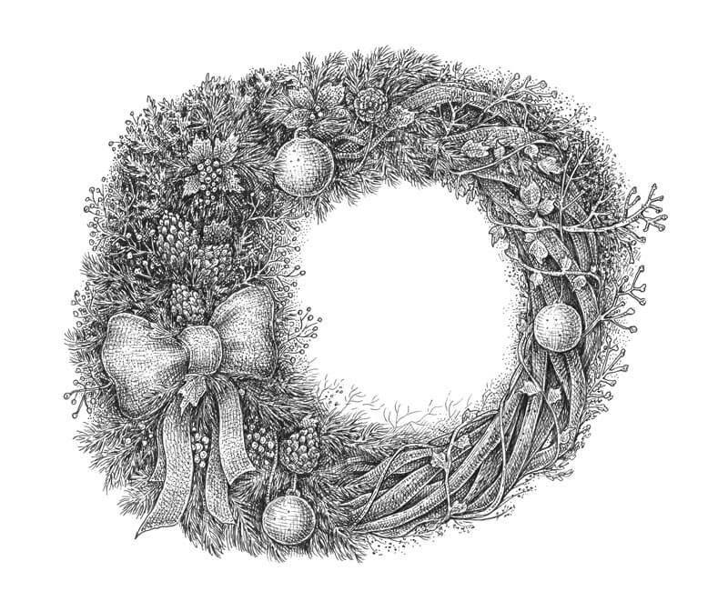 Pen and ink drawing of a Christmas wreath