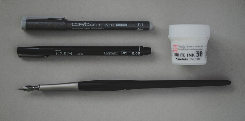 Supplies for drawing with black and white ink