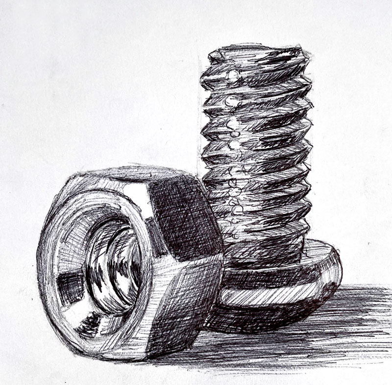 Ball point pen drawing of nuts and bolts