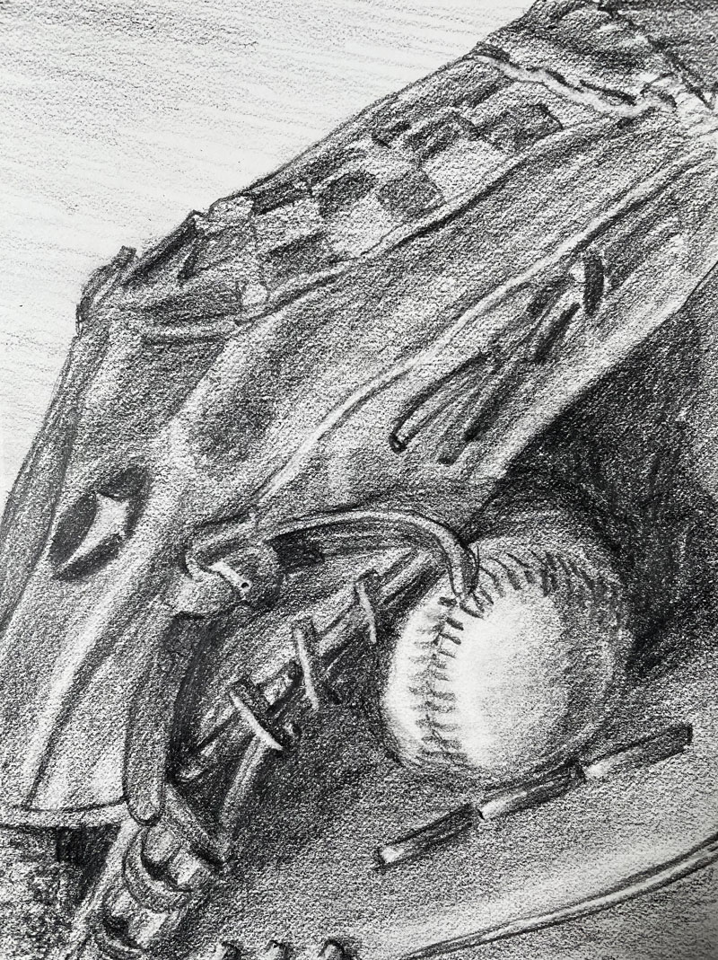 Pencil drawing of a baseball and glove
