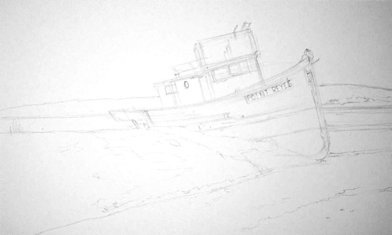 Darkened pencil sketch of the boat