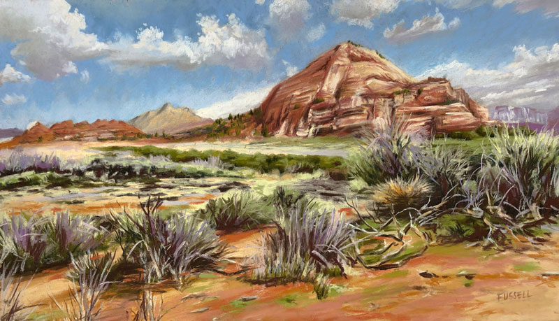 Desert landscape painting with pastels