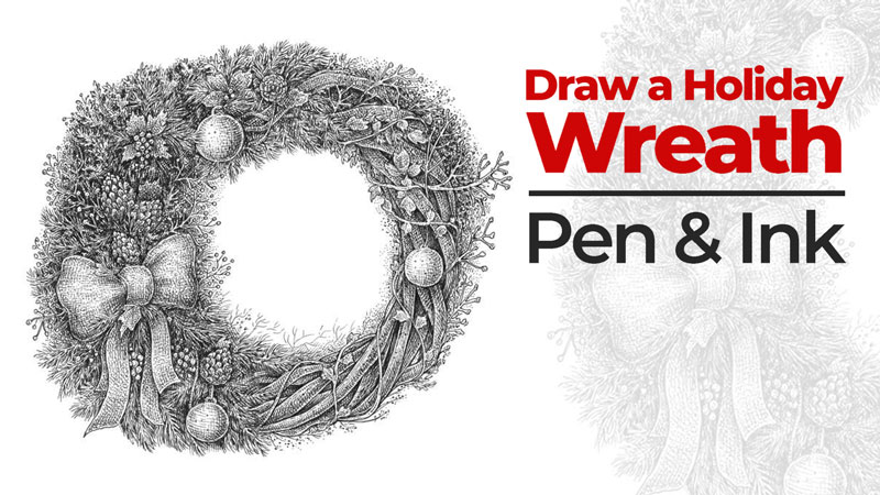 Draw a Christmas wreath with pen and ink