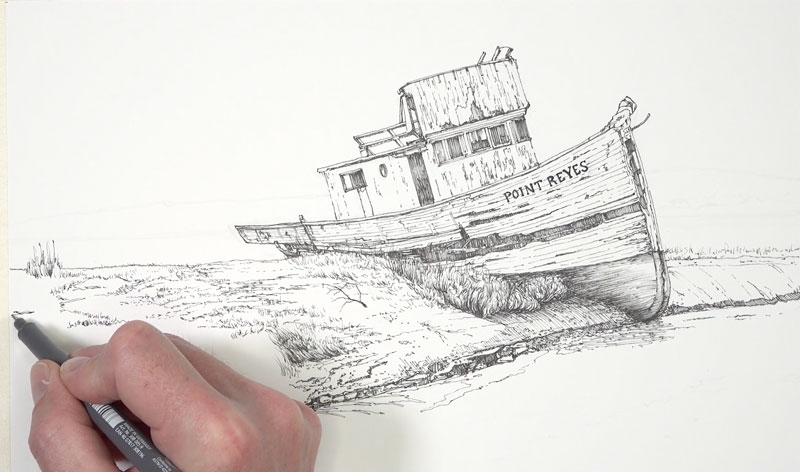 Drawing the foreground with pen and ink