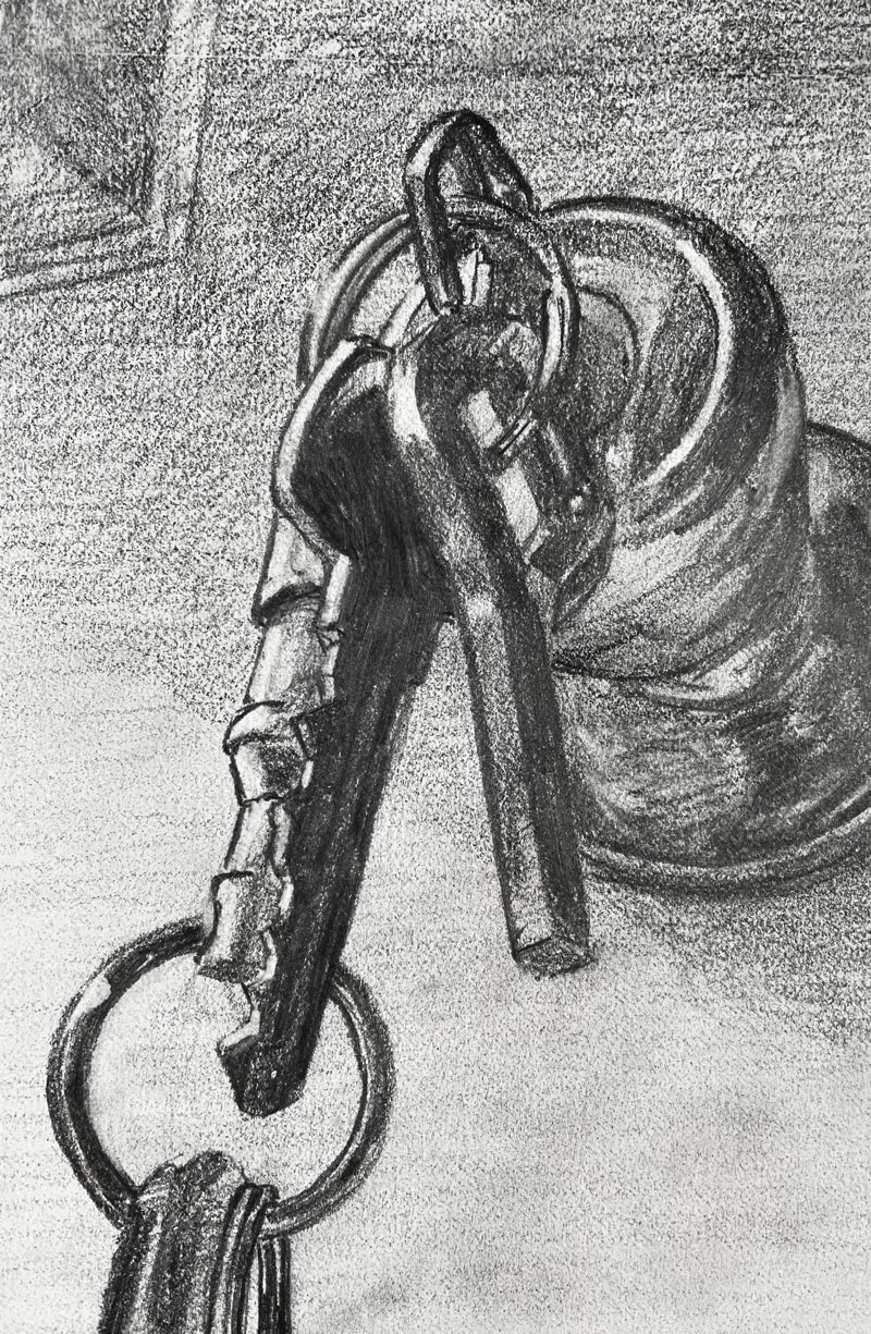 Pencil drawing of a door knob and a set of keys