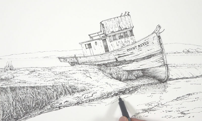 Drawing the water and grassy bank with pen and ink