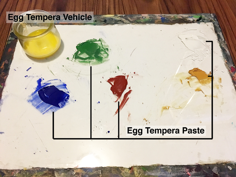 Egg tempera paste on a glass palette
