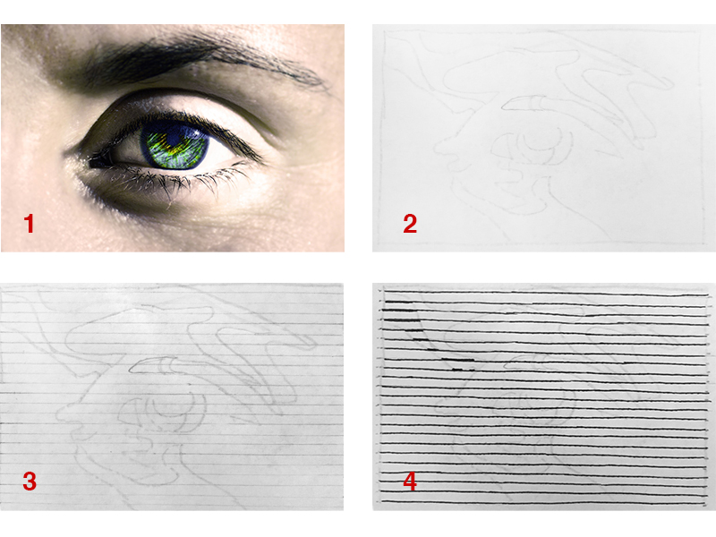 Drawing an eye with hatching using varied line weight step one