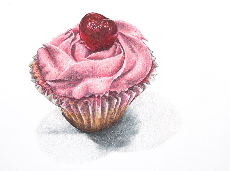 Drawing of a pink cupcake with colored pencils