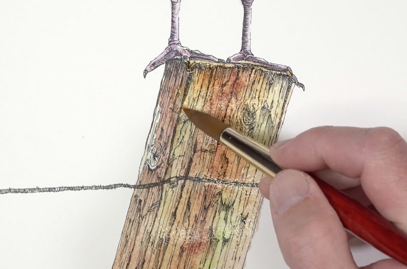 Painting the wooden post with watercolor washes