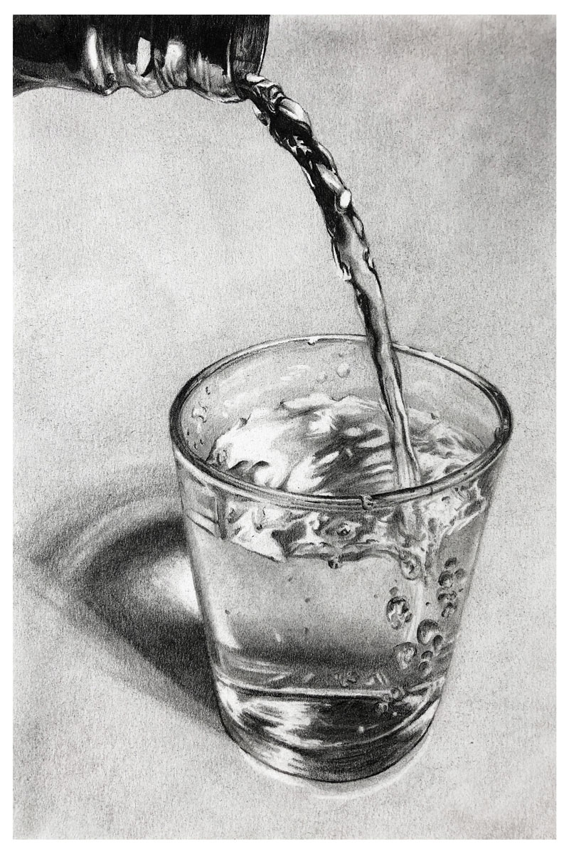 Drawing of a glass of water with powdered graphite