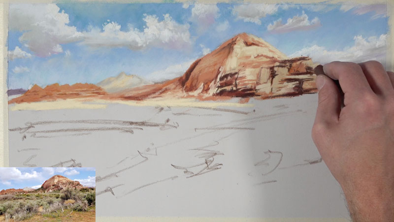 Increasing contrast on distant desert mountains with pastels