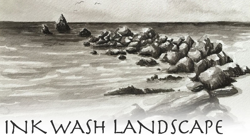 Ink wash painting of rocks on the shore