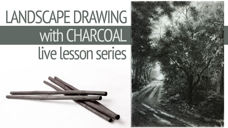 Charcoal landscape drawing of a wooded road
