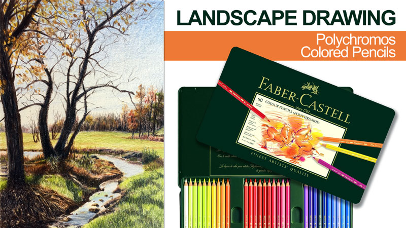 Colored pencil landscape drawing with Polychromos colored pencils
