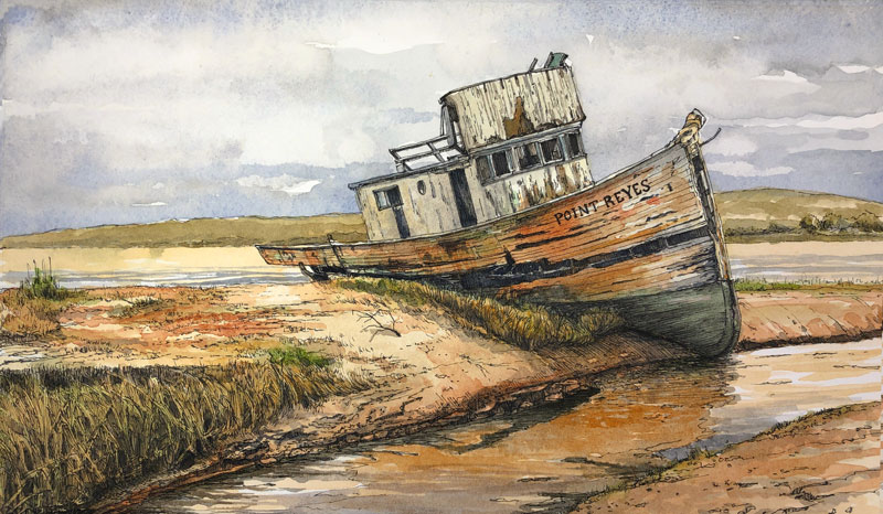 Ink and Watercolor painting - Old Boat