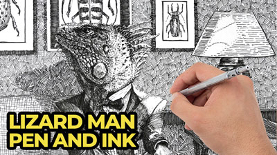 Lizard man lesson series with pen and ink