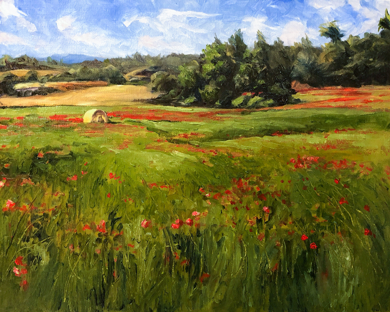 Oil painting of a field of red flowers