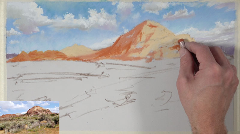Painting basic shape of color for distant desert mountains