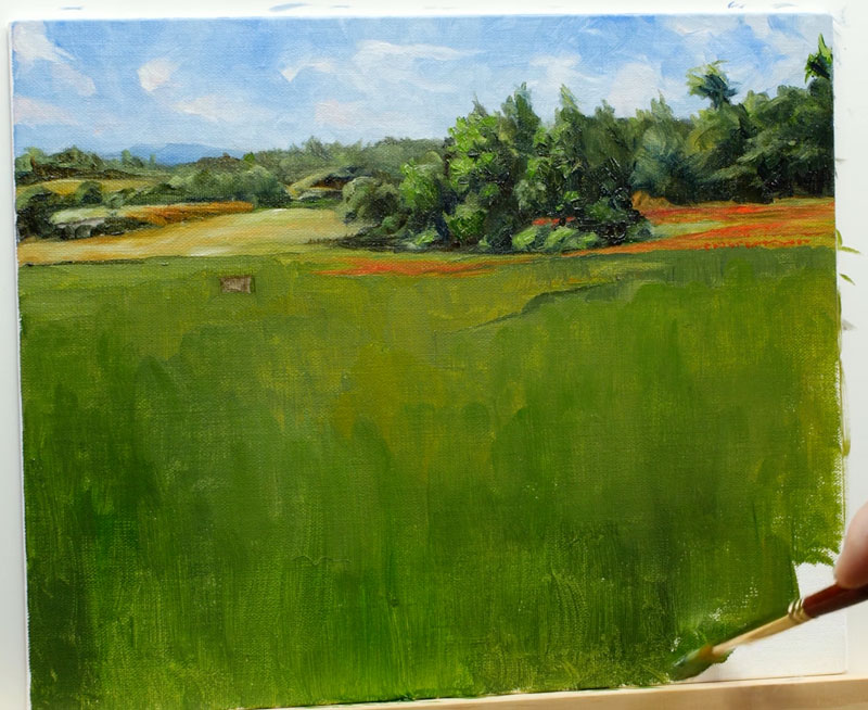 Painting distant trees and flowers on the right side of the picture plane and filling in the remainder of the canvas with color