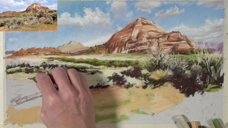 Painting dry brush and vegetation in the desert scene