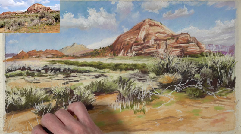 Painting grass in the foreground of the desert landscape
