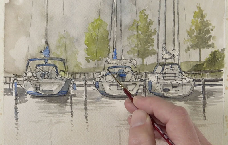 Adding watercolor to the boats