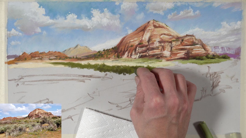 Painting vegetation in the middle ground with pastels
