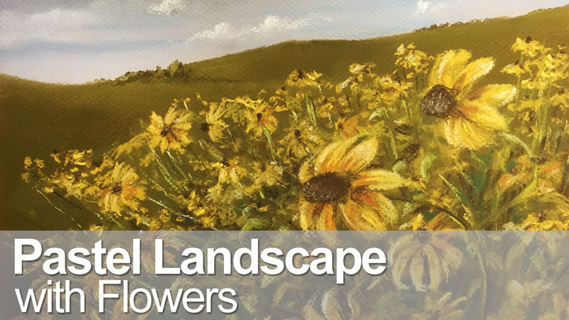 Pastel landscape drawing of a field of flowers