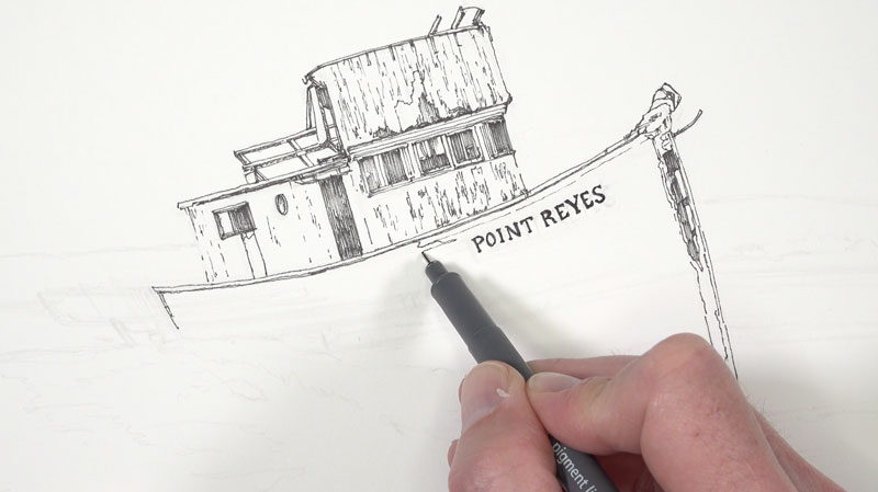 Initial pen and ink applications on the boat