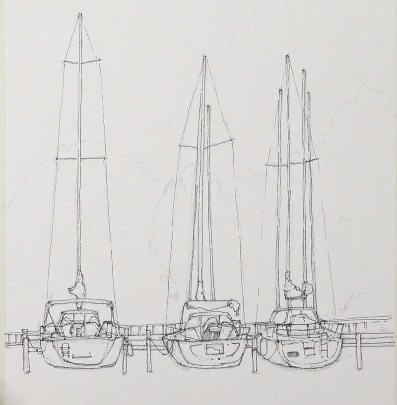 Pen and ink sketch of sailboats