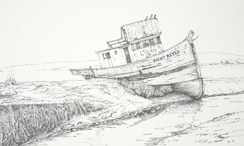 Pen and ink sketch of a old boat