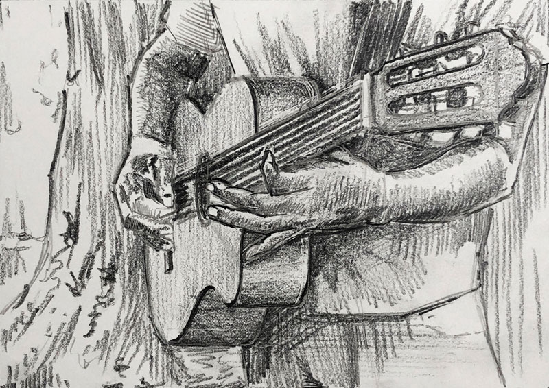 Drawing of a person playing the guitar