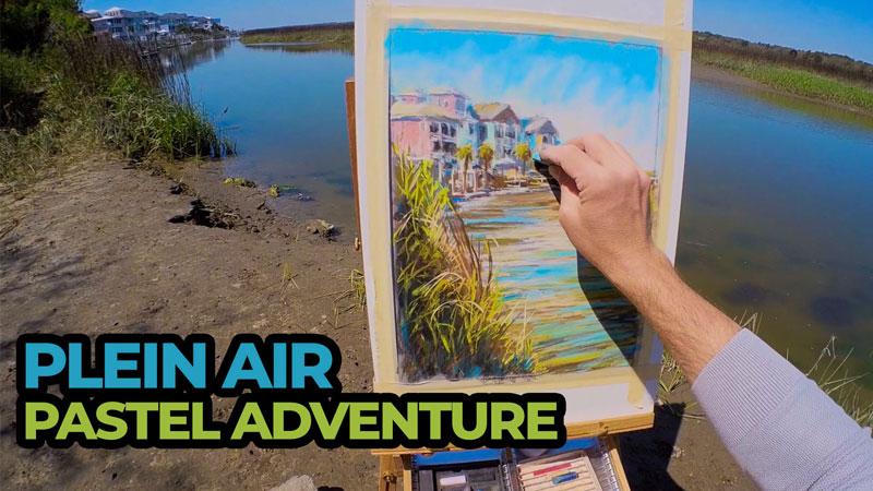 Plein air painting of beach houses and wetlands with pastels