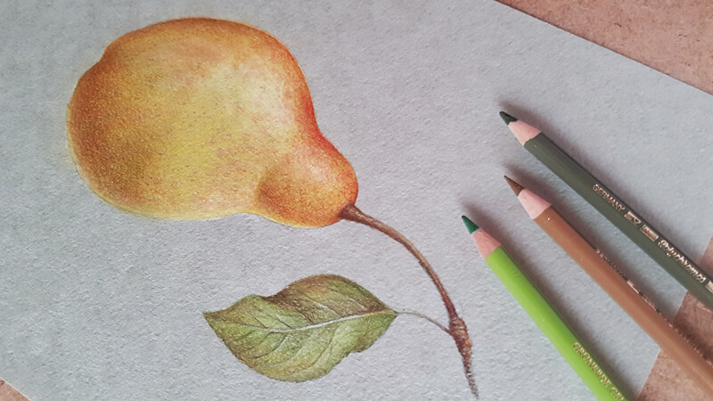 How to draw a pear with colored pencils - step by step