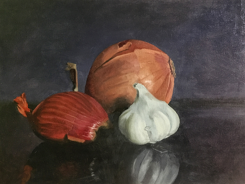 Finishing the negative space around subjects within the still life painting