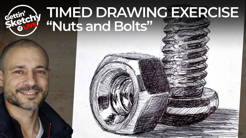 Nuts and bolts with ball point pen - timed drawing exercise
